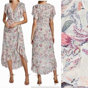$455 CINQ A SEPT, Sheila Floral Ruffle-Trim Midi Dress, Like New l, dry cleaned